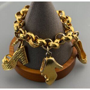 Vintage Charm Bracelet Salvatore Ferragamo Gold Tone Heavy Shoe Charms